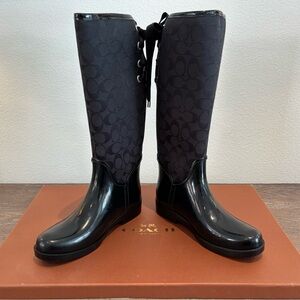 Coach Tristee Rain Boots Signature Monogram Corset Black Size 8